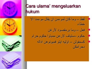 Cara ulama’ mengeluarkanCara ulama’ mengeluarkan
hukumhukum
‫ال‬ ‫موءمنا‬ ‫يقتل‬ ‫ان‬ ‫لموءمن‬ ‫كان‬ ‫وما‬ – ‫لفظ‬‫ال‬ ‫موءمنا‬ ‫يقتل‬ ‫ان‬ ‫لموءمن‬ ‫كان‬ ‫وما‬ – ‫لفظ‬
‫خطاء‬‫خطاء‬
‫لغرغن‬ ‫برمقصود‬ ‫وما‬ – ‫فعل‬‫لغرغن‬ ‫برمقصود‬ ‫وما‬ – ‫فعل‬
‫حرام‬ ‫حكوم‬ ‫ممباوا‬ ‫لغرعن‬ ‫–ستياف‬ ‫حكوم‬‫حرام‬ ‫حكوم‬ ‫ممباوا‬ ‫لغرعن‬ ‫–ستياف‬ ‫حكوم‬
‫اداله‬ ‫فمبونوهن‬ ‫ايتو‬ ‫اوليه‬ – ‫كسمفولن‬‫اداله‬ ‫فمبونوهن‬ ‫ايتو‬ ‫اوليه‬ – ‫كسمفولن‬
‫دحرامكن‬‫دحرامكن‬
 