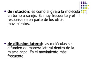 de rotación : es como si girara la molécula en torno a su eje. Es muy frecuente y el responsable en parte de los otros movimientos.  de difusión lateral : las moléculas se difunden de manera lateral dentro de la misma capa. Es el movimiento más frecuente.  