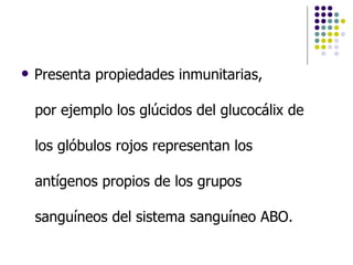 Presenta propiedades inmunitarias, por ejemplo los glúcidos del glucocálix de  los glóbulos rojos representan los  antígenos propios de los grupos  sanguíneos del sistema sanguíneo ABO. 