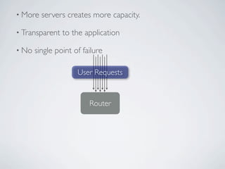 • More   servers creates more capacity.

• Transparent   to the application

• No   single point of failure

                     User Requests


                         Router
 