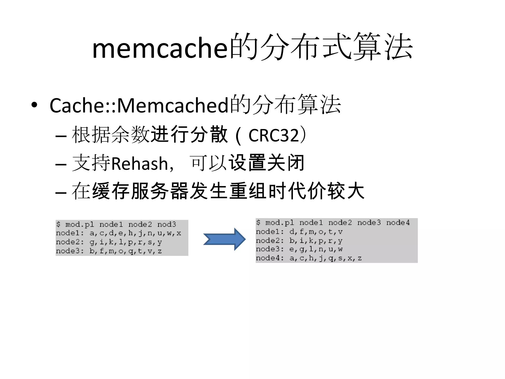 memcache的分布式算法Cache::Memcached的分布算法根据余数进行分散（CRC32）支持Rehash，可以设置关闭在缓存服务器发生重组时代价较大