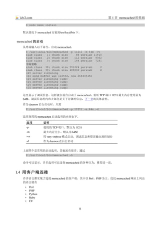 idv2.com                                             第 1 章 memcached 的基础

    $ sudo make install

   默认情况下 memcached 安装到/usr/local/bin 下。


memcached 的启动
   从终端输入以下命令，启动 memcached。
    $ /usr/local/bin/memcached ­p 11211 ­m 64m ­vv
    slab class   1: chunk size     88 perslab 11915
    slab class   2: chunk size    112 perslab  9362
    slab class   3: chunk size    144 perslab  7281
    中间省略
    slab class  38: chunk size 391224 perslab     2
    slab class  39: chunk size 489032 perslab     2
    <23 server listening
    <24 send buffer was 110592, now 268435456
    <24 server listening (udp)
    <24 server listening (udp)
    <24 server listening (udp)
    <24 server listening (udp)

   这里显示了调试信息。这样就在前台启动了 memcached，监听 TCP 端口 11211 最大内存使用量为
   64M。调试信息的内容大部分是关于存储的信息，下一章将具体说明。
   作为 daemon 后台启动时，只需
    $ /usr/local/bin/memcached ­p 11211 ­m 64m ­d

   这里使用的 memcached 启动选项的内容如下。

        选项            说明
        ­p            使用的 TCP 端口。默认为 11211
        ­m            最大内存大小。默认为 64M
        ­vv           用 very vrebose 模式启动，调试信息和错误输出到控制台
        ­d            作为 daemon 在后台启动


   上面四个是常用的启动选项，其他还有很多，通过
    $ /usr/local/bin/memcached ­h

   命令可以显示。许多选项可以改变 memcached 的各种行为，推荐读一读。


1.4  用客户端连接
   许多语言都实现了连接 memcached 的客户端，其中以 Perl、PHP 为主。仅仅 memcached 网站上列出
   的语言就有
    •        Perl
    •        PHP
    •        Python
    •        Ruby
    •        C#

                                        8
 