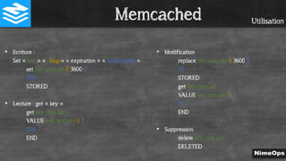 Utilisation
• Modification
replace key_test_set 0 3600 3
111
STORED
get key_test_set
VALUE key_test_set 0 3
111
END
• Suppression
delete key_test_set
DELETED
• Ecriture :
Set « key » « flags» « expiration » « taille_bytes »
set key_test_set 0 3600 5
11111
STORED
• Lecture : get « key »
get key_test_set
VALUE key_test_set 0 5
11111
END
Memcached
 