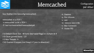 Configuration
par défaut
Sour RedHat (/etc/sysconfig/memcached):
memcached -d -p 11211 
-u memcached -m 64 -c 1024 
-P /var/run/memcached/memcached.pid
(-n) Default Chunk Size : 48 bytes (key+value+flags) en multiple de 8
(-f) Chunk growth Factor : 1,25
(-t) Max Threads : 4
CAS Enabled (Compare And Swap) (-C pour le désactiver)
-d : Daemon
-p : Port d’écoute
-u : user
-m : memory size in Mo
-c : Max Connexion
-P : Fichier PID
Memcached
 