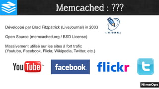 Memcached : ???
Développé par Brad Fitzpatrick (LiveJournal) in 2003
Open Source (memcached.org / BSD License)
Massivement utilisé sur les sites à fort trafic
(Youtube, Facebook, Flickr, Wikipedia, Twitter, etc.)
 