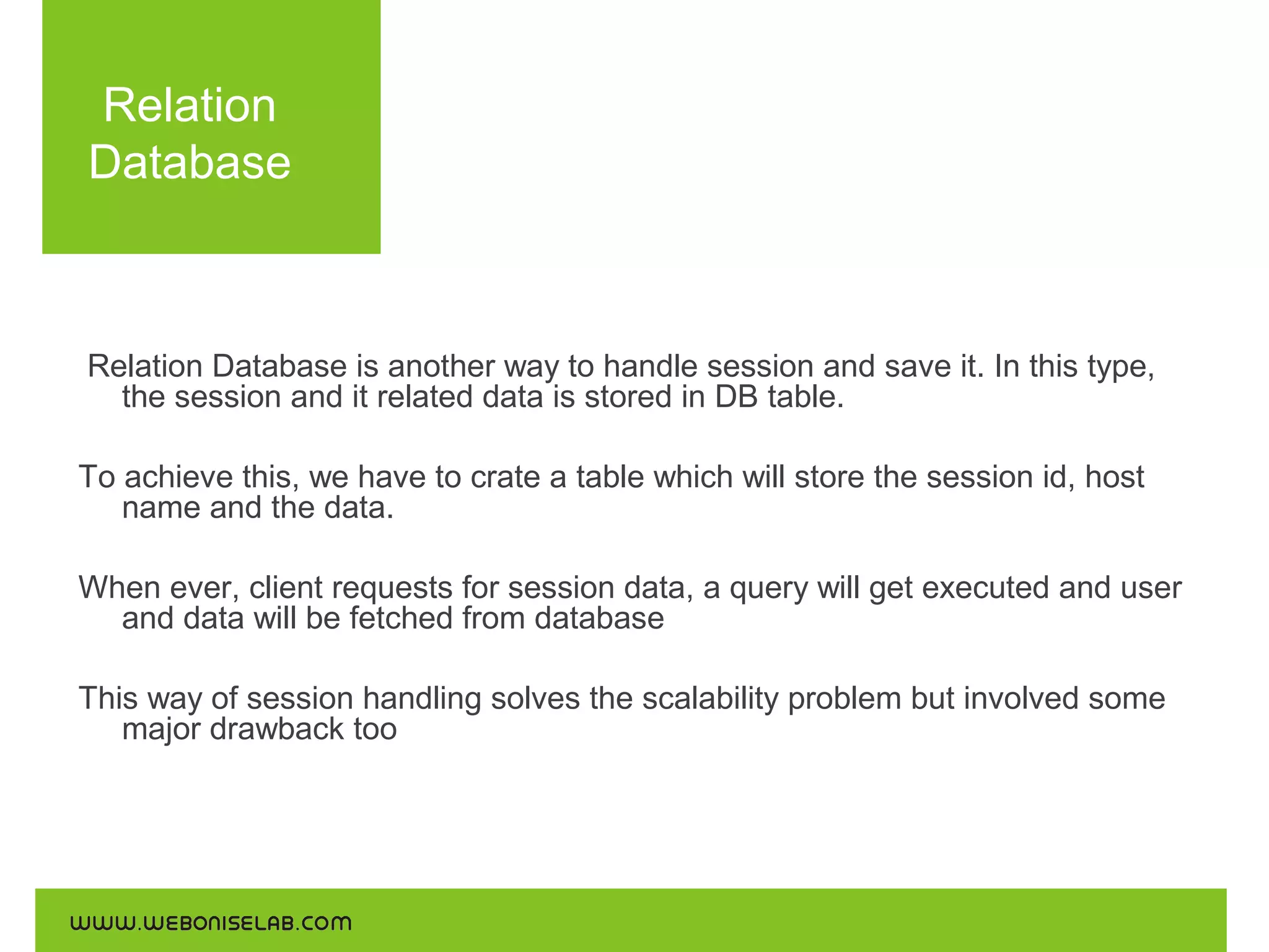 Relation
Database

Relation Database is another way to handle session and save it. In this type,
the session and it related data is stored in DB table.
To achieve this, we have to crate a table which will store the session id, host
name and the data.
When ever, client requests for session data, a query will get executed and user
and data will be fetched from database
This way of session handling solves the scalability problem but involved some
major drawback too

 