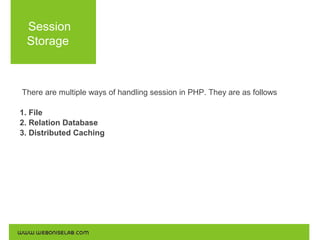 Session
Storage

There are multiple ways of handling session in PHP. They are as follows
1. File
2. Relation Database
3. Distributed Caching

 