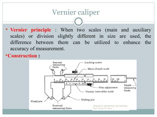 Vernier caliper
 Vernier principle : When two scales (main and auxiliary
scales) or division slightly different in size are used, the
difference between them can be utilized to enhance the
accuracy of measurement.
Construction :
 