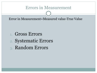 Errors in Measurement
Error in Measurement=Measured value-True Value
1. Gross Errors
2. Systematic Errors
3. Random Errors
 