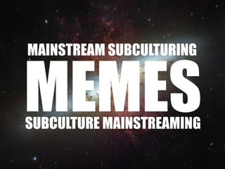 MAINSTREAM SUBCULTURING


MEMES
SUBCULTURE MAINSTREAMING
 