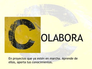 OLABORA En proyectos que ya estén en marcha. Aprende de ellos, aporta tus conocimientos. 