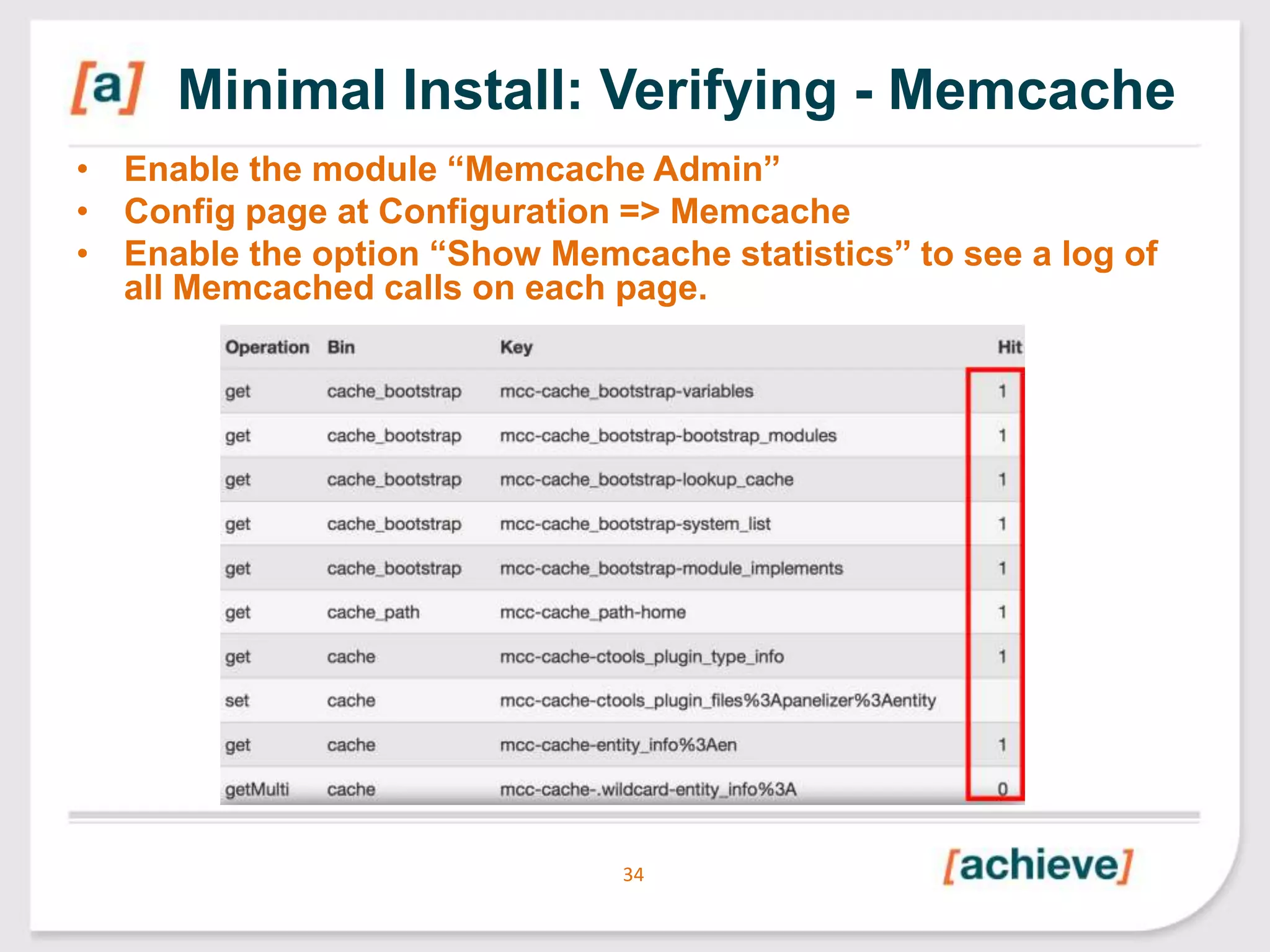 Minimal Install: Verifying - Memcache
• Enable the module “Memcache Admin”
• Config page at Configuration => Memcache
• Enable the option “Show Memcache statistics” to see a log of
all Memcached calls on each page.

34

 