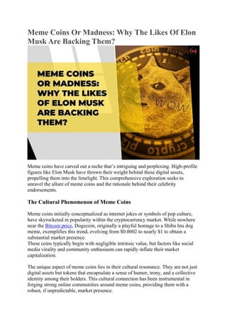 Meme Coins Or Madness: Why The Likes Of Elon
Musk Are Backing Them?
Meme coins have carved out a niche that’s intriguing and perplexing. High-profile
figures like Elon Musk have thrown their weight behind these digital assets,
propelling them into the limelight. This comprehensive exploration seeks to
unravel the allure of meme coins and the rationale behind their celebrity
endorsements.
The Cultural Phenomenon of Meme Coins
Meme coins initially conceptualized as internet jokes or symbols of pop culture,
have skyrocketed in popularity within the cryptocurrency market. While nowhere
near the Bitcoin price, Dogecoin, originally a playful homage to a Shiba Inu dog
meme, exemplifies this trend, evolving from $0.0002 to nearly $1 to obtain a
substantial market presence.
These coins typically begin with negligible intrinsic value, but factors like social
media virality and community enthusiasm can rapidly inflate their market
capitalization.
The unique aspect of meme coins lies in their cultural resonance. They are not just
digital assets but tokens that encapsulate a sense of humor, irony, and a collective
identity among their holders. This cultural connection has been instrumental in
forging strong online communities around meme coins, providing them with a
robust, if unpredictable, market presence.
 