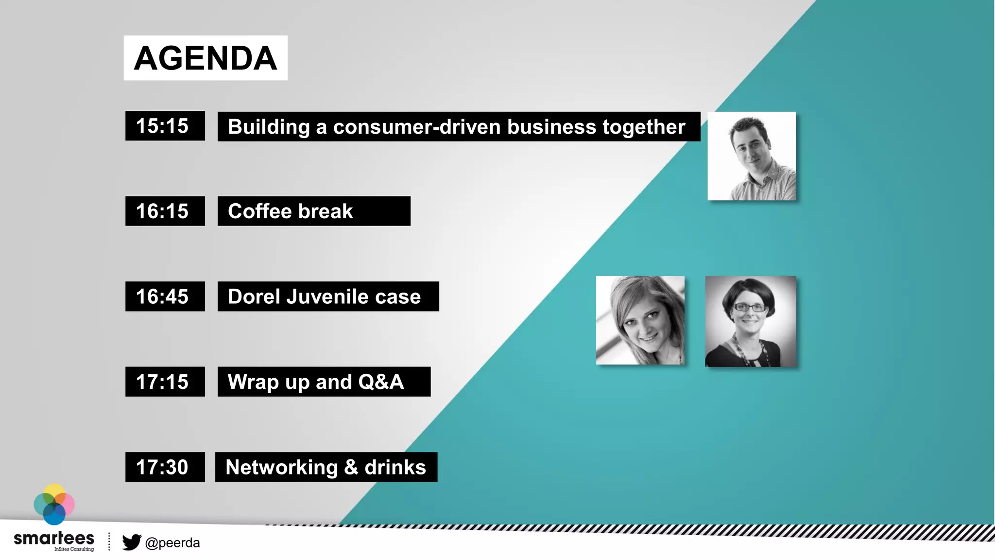 @peerda
15:15 Building a consumer-driven business together
Wrap up and Q&A
Dorel Juvenile case
Networking & drinks
16:15
17:15
16:45
17:30
Coffee break
AGENDA
 