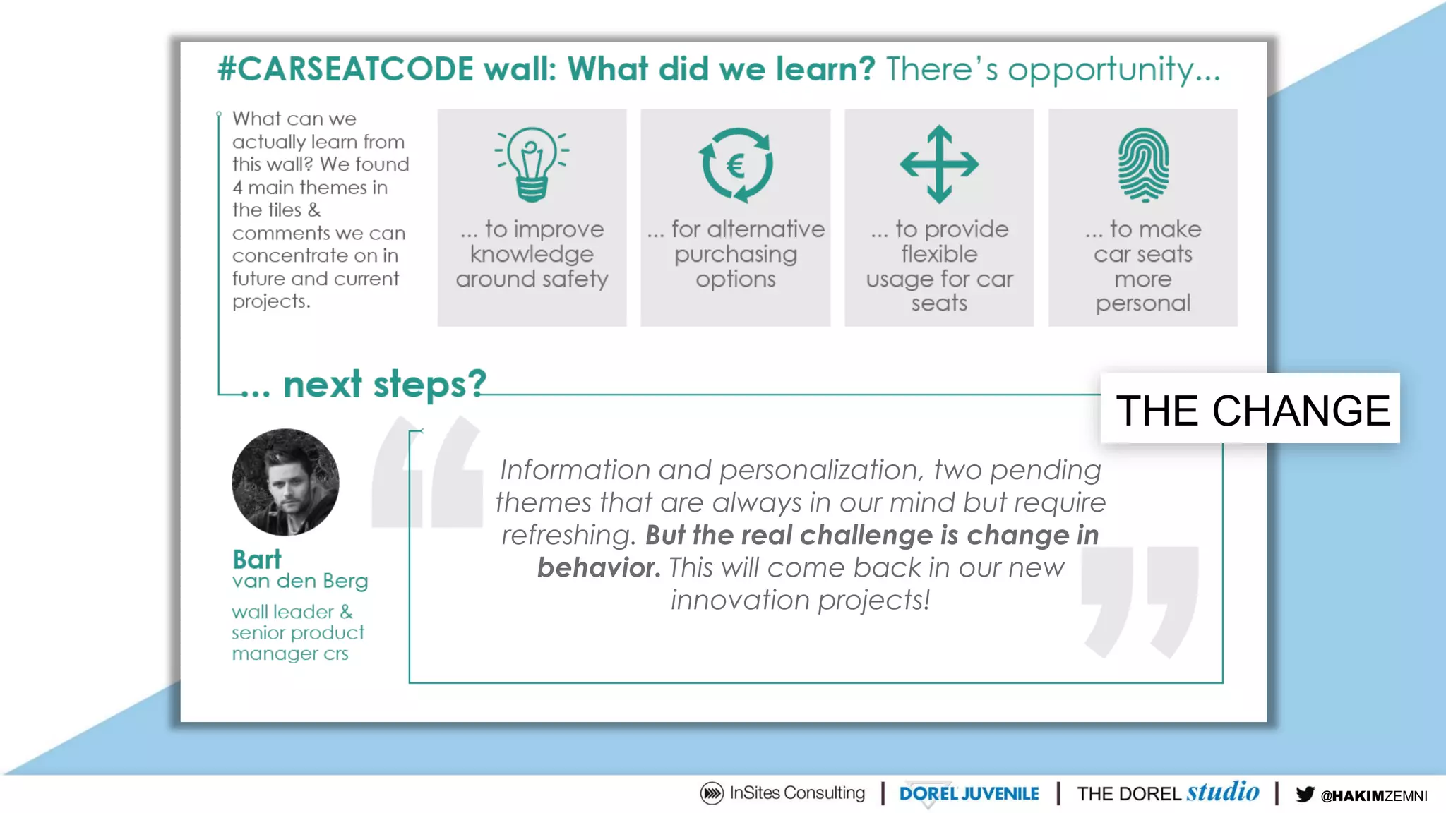 Information and personalization, two pending
themes that are always in our mind but require
refreshing. But the real challenge is change in
behavior. This will come back in our new
innovation projects!
THE CHANGE
@TIMDUH@HAKIMZEMNI
 