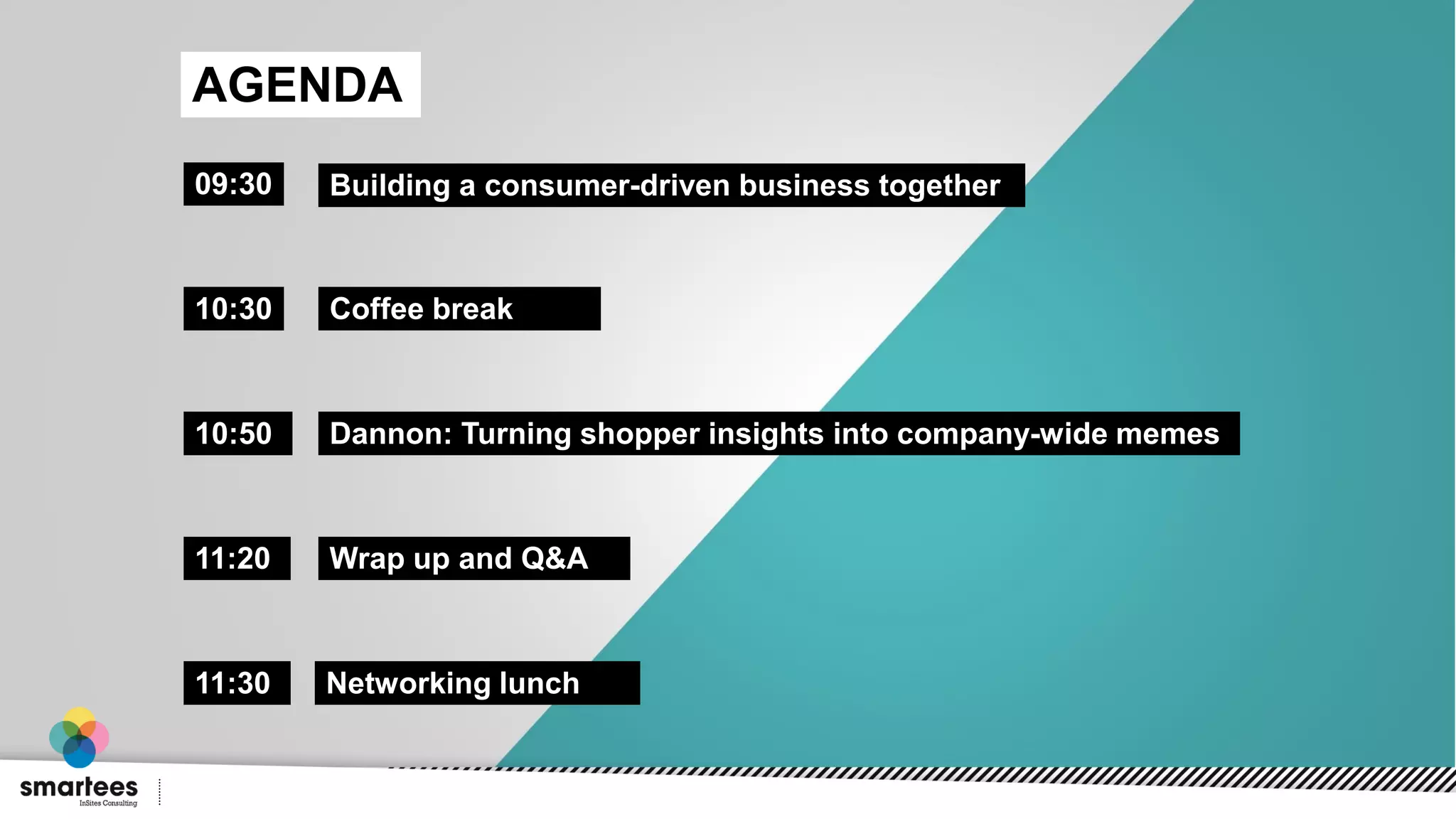 09:30 Building a consumer-driven business together
Wrap up and Q&A
Dannon: Turning shopper insights into company-wide memes
Networking lunch
10:30
11:20
10:50
11:30
Coffee break
AGENDA
 