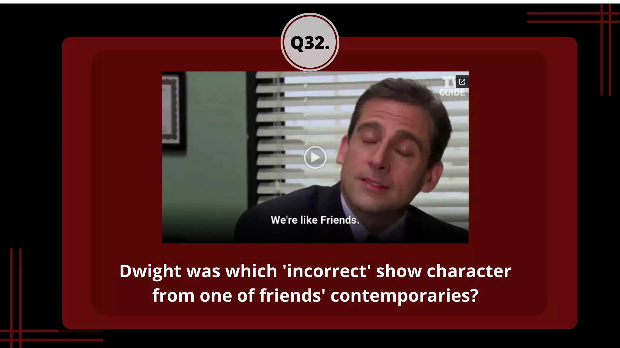 Q32.
Dwight was which 'incorrect' show character

from one of friends' contemporaries?
 