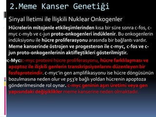 2.Meme Kanser Genetiği
 Sinyal İletimi ile İlişkili Nuklear Onkogenler
 Hücrelerin mitojenle etkileşimlerinden kısa bir süre sonra c-fos, c-
myc c-myb ve c-jun proto-onkogenleri indüklenir. Bu onkogenlerin
indüksiyonu ile hücre proliferasyonu arasında bir bağlantı vardır.
Meme kanserinde östrojen ve progesteron ile c-myc, c-fos ve c-
jun proto-onkogenlerinin aktifleştikleri gösterilmiştir.
1)c-Myc:c-myc proteini hücre proliferasyonu, hücre farklılaşması ve
apoptoz ile ilişkili genlerin transkripsiyonlarını düzenleyen bir
fosfoproteindir. c-myc’in gen amplifikasyonu ise hücre döngüsünün
bozulmasına neden olur ve p53’e bağlı yoldan hücrenin apoptoza
gönderilmesinde rol oynar. c-myc geninin aşırı üretimi veya gen
yapısındaki değişiklikler meme kanserine neden olmaktadır.
 