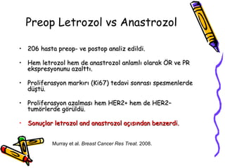 Preop   Letrozol vs   Anastrozol 206  hasta  pre op -  ve  post op analiz edildi.  Hem  letrozol  hem de  anastrozol  anlamlı olarak ÖR ve PR ekspresyonunu azalttı. P rolifera syon markırı  (Ki67)  tedavi sonrası spesmenlerde düştü.  Proliferasyon azalması hem  HER2+  hem de  HER2– tum ö r lerde görüldü.  Sonuçlar  letrozol and anastrozol  açısından benzerdi.  Murray et al.  Breast Cancer Res Treat.  2008.  