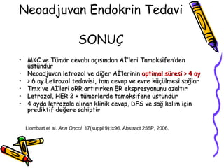 Neoadjuvan  Endokrin Tedavi  SONUÇ MKC ve Tümör cevabı açısından Aİ’leri Tamoksifen’den üstündür N eoadjuvan letrozol  ve diğer Aİ’lerinin  optimal süresi > 4 ay  > 6 ay Letrozol tedavisi, tam cevap ve evre küçülmesi sağlar Tmx ve Aİ’leri oRR artırırken ER ekspresyonunu azaltır  Letrozol , HER 2 + tümörlerde tamoksifene üstündür  4 ayda letrozola alınan klinik cevap, DFS ve sağ kalım için prediktif değere sahiptir Llombart et al.  Ann Oncol   17(suppl 9):ix96. Abstract 256P , 2006.  