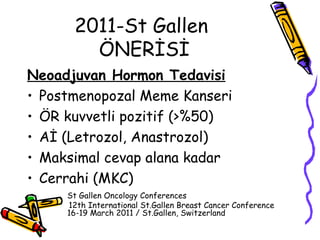 2011-St Gallen  ÖNERİSİ Neoadjuvan Hormon Tedavisi   Postmenopozal Meme Kanseri  ÖR kuvvetli pozitif (>%50)  Aİ (Letrozol, Anastrozol)  Maksimal cevap alana kadar Cerrahi (MKC)  St Gallen Oncology Conferences  12th International St.Gallen Breast Cancer Conference  16-19 March 2011 / St.Gallen, Switzerland  