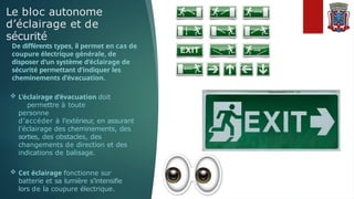 Le bloc autonome
d’éclairage et de
sécurité
De différents types, il permet en cas de
coupure électrique générale, de
disposer d’un système d’éclairage de
sécurité permettant d’indiquer les
cheminements d’évacuation.
 L'éclairage d’évacuation doit
permettre à toute
personne
d’accéder à l’extérieur, en assurant
l’éclairage des cheminements, des
sorties, des obstacles, des
changements de direction et des
indications de balisage.
 Cet éclairage fonctionne sur
batterie et sa lumière s’intensifie
lors de la coupure électrique.
 