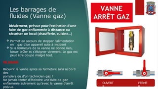 Les barrages de
fluides (Vanne gaz)
Idéalement, prévue pour l’extinction d’une
fuite de gaz enflammée à distance ou
sécuriser un local (chaufferie, cuisine…)
 Permet en secours de stopper l’alimentation
en gaz d’un appareil suite à incident
 Si la fermeture de la vanne ne donne rien,
laisser brûler et s’éloigner vivement. Le gaz est
peut être coupé malgré tout.
NE JAMAIS
Réouvrir la vanne après sa fermeture sans accord
des
pompiers ou d’un technicien gaz !
Ne jamais tenter d’éteindre une fuite de gaz
enflammée autrement qu’avec la vanne d’arrêt
prévue.
OUVERT
E
FERME
E
 