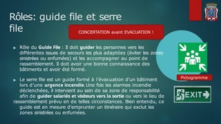 Rôles: guide file et serre
file
▶ Le serre file est un guide formé à l’évacuation d’un bâtiment
lors d’une urgence incendie.Une fois les alarmes incendie
déclenchées, il intervient au sein de sa zone de responsabilité
afin de guider salariés et visiteurs vers la sortie ou vers le lieu de
rassemblement prévu en de telles circonstances. Bien entendu, ce
guide est en mesure d’emprunter un itinéraire qui exclut les
zones sinistrées ou enfumées.
CONCERTATION avant EVACUATION !
▶ Rôle du Guide File : Il doit guider les personnes vers les
différentes issues de secours les plus adaptées (éviter les zones
sinistrées ou enfumées) et les accompagner au point de
rassemblement. Il doit avoir une bonne connaissance des
bâtiments et avoir été formé.
Pictogramme
 