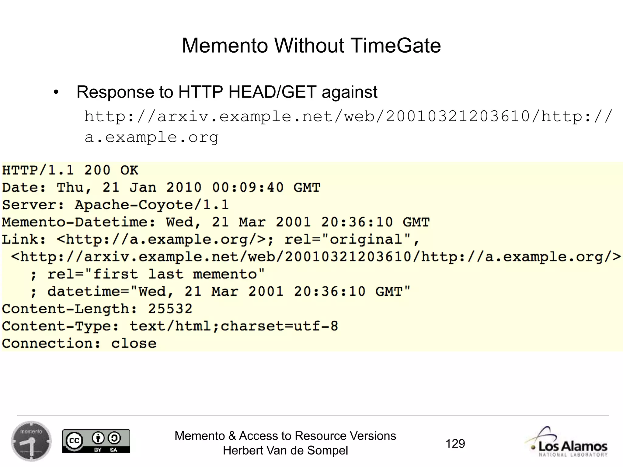 Memento & Access to Resource Versions
Herbert Van de Sompel
Memento Without TimeGate
• Response to HTTP HEAD/GET against
http://arxiv.example.net/web/20010321203610/http://
a.example.org
129
 