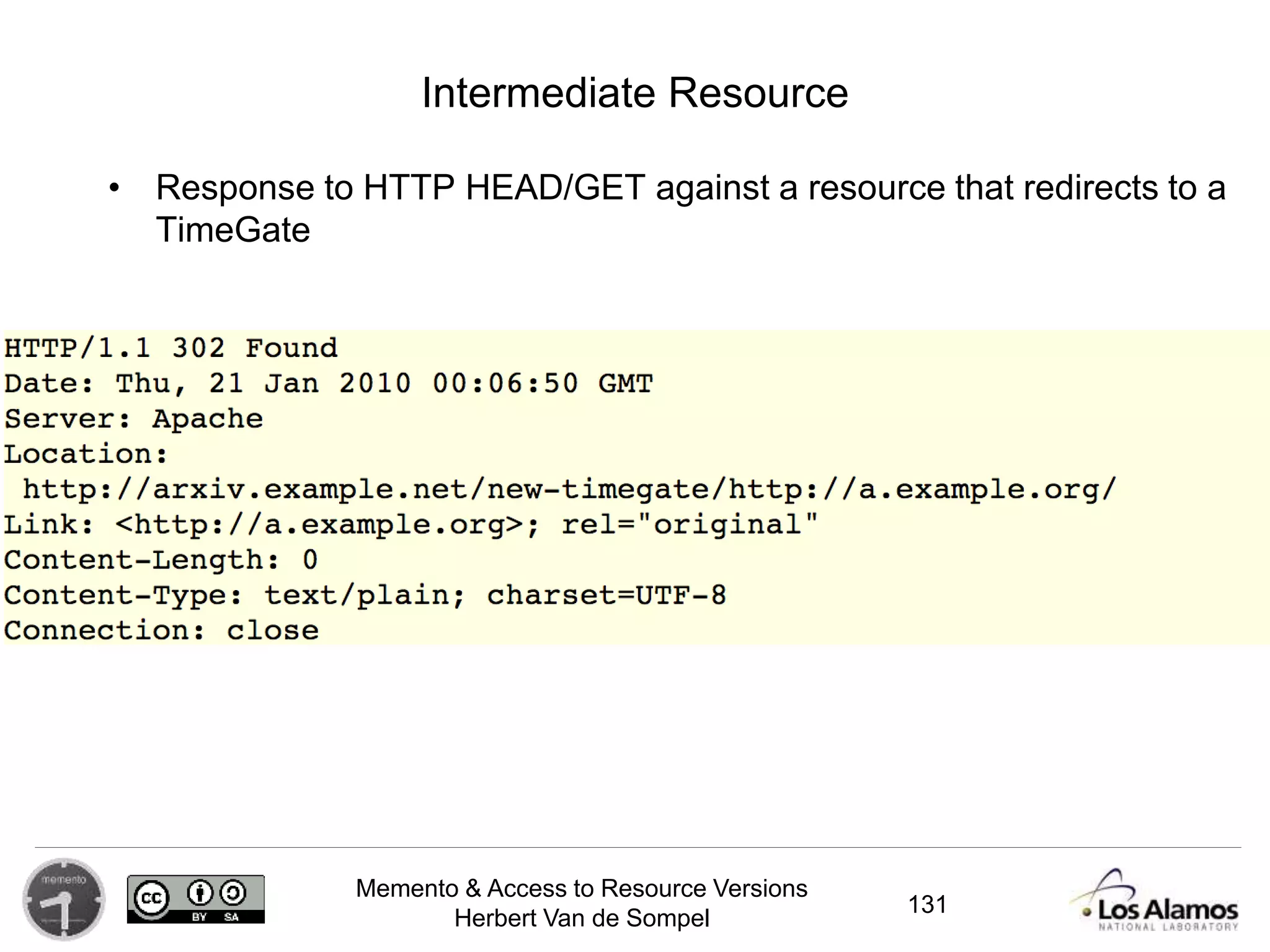 Memento & Access to Resource Versions
Herbert Van de Sompel
Intermediate Resource
• Response to HTTP HEAD/GET against a resource that redirects to a
TimeGate
131
 