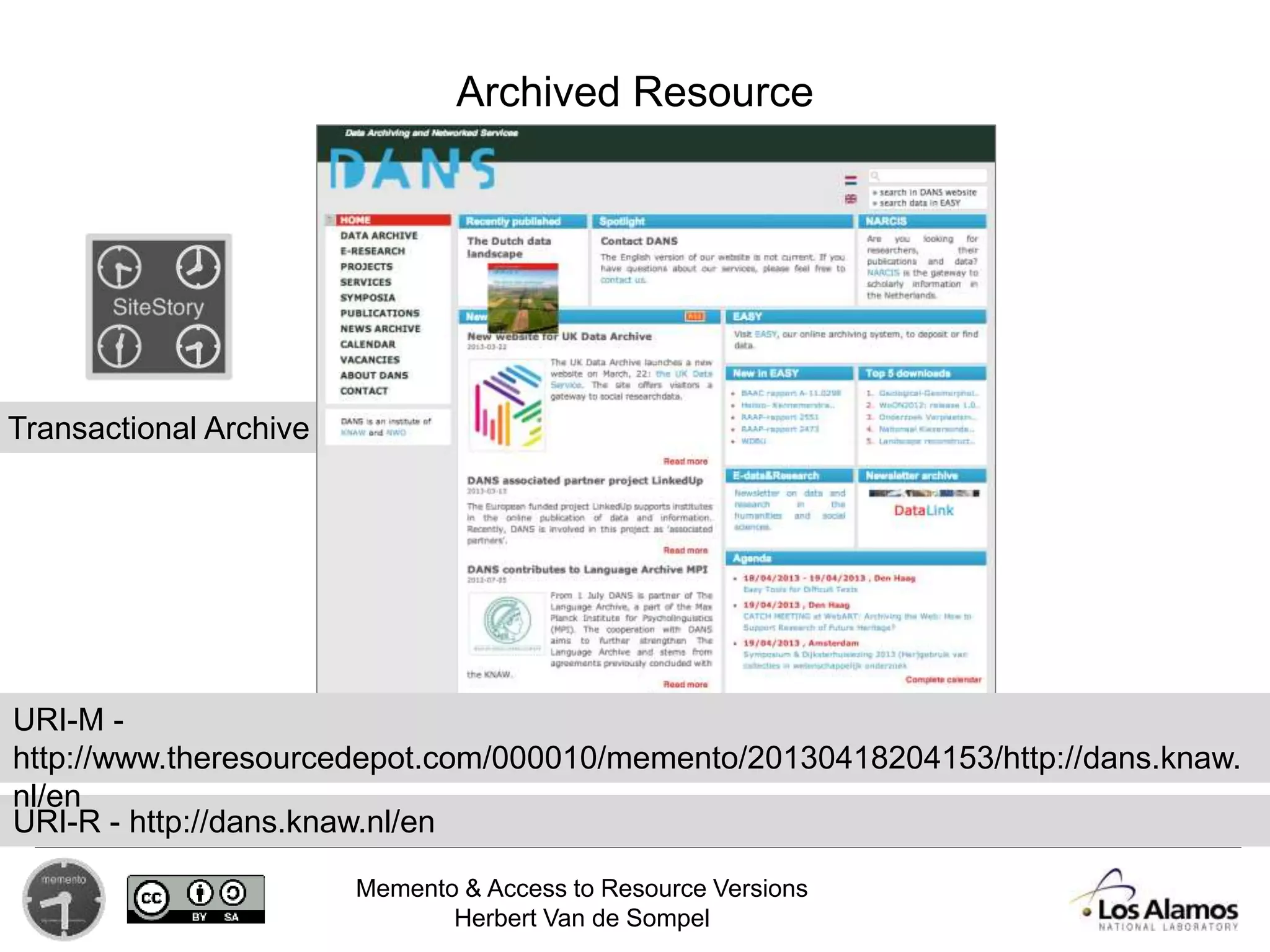 Memento & Access to Resource Versions
Herbert Van de Sompel
Archived Resource
Transactional Archive
URI-R - http://dans.knaw.nl/en
URI-M -
http://www.theresourcedepot.com/000010/memento/20130418204153/http://dans.knaw.
nl/en
 