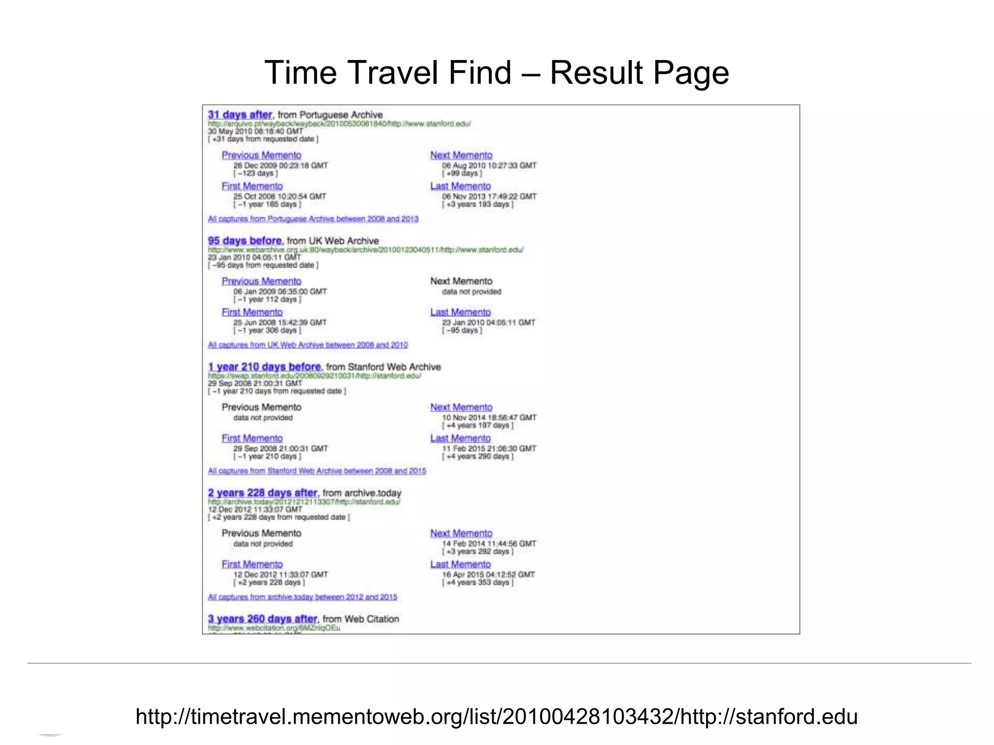 Memento & Access to Resource Versions
Herbert Van de Sompel
Time Travel Find – Result Page
http://timetravel.mementoweb.org/list/20100428103432/http://stanford.edu
 