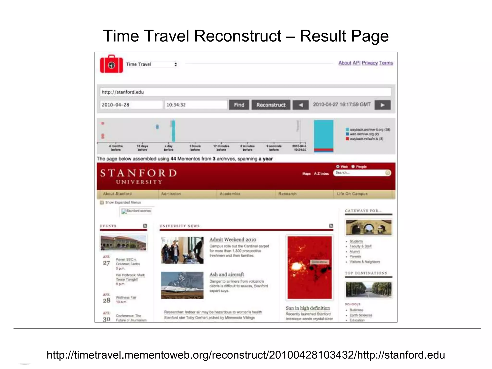 Memento & Access to Resource Versions
Herbert Van de Sompel
Time Travel Reconstruct – Result Page
http://timetravel.mementoweb.org/reconstruct/20100428103432/http://stanford.edu
 