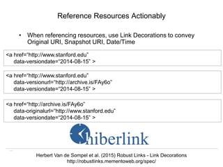 Memento & Access to Resource Versions
Herbert Van de Sompel
Reference Resources Actionably
• When referencing resources, u...