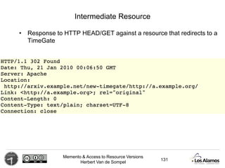Memento & Access to Resource Versions
Herbert Van de Sompel
Intermediate Resource
• Response to HTTP HEAD/GET against a re...