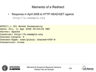 Memento & Access to Resource Versions
Herbert Van de Sompel
Memento of a Redirect
• Response in April 2008 to HTTP HEAD/GE...