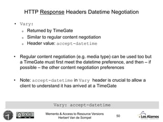 Memento & Access to Resource Versions
Herbert Van de Sompel
HTTP Response Headers Datetime Negotiation
• Vary:
o Returned ...