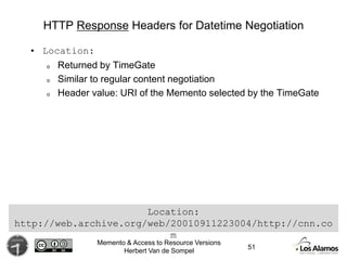 Memento & Access to Resource Versions
Herbert Van de Sompel
HTTP Response Headers for Datetime Negotiation
• Location:
o R...
