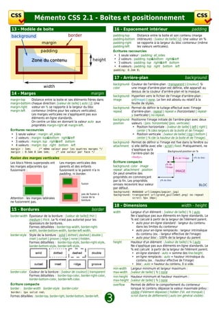 Mémento CSS 2.1 - Boites et positionnement
13 - Modèle de boite                                                     16 - Espacement intérieur                                  padding
                                                                         padding-top      Distance entre la boite et son contenu (marge
                                                                         padding-bottom   intérieure) : [valeur de taille] |0. Une valeur en %
                                                                         padding-right    se rapporte à la largeur du bloc conteneur (même
                                                                         padding-left     les valeurs verticales).
                                                                         Écritures raccourcies
                                                                          ‣ 1 seule valeur : padding: all_sides
                                                                          ‣ 2 valeurs : padding: top&bottom right left
                                                                                                                 &
                                                                          ‣ 3 valeurs : padding: top right&left bottom
                                                                          ‣ 4 valeurs : padding: top right bottom left
                                                                         padding: O.2em 0;


                                                                         17 - Arrière-plan                                     background
                                                                         background- Couleur de l'arrière-plan : transparent| [couleur].Si
                                                                         color       une image d'arrière-plan est définie, elle apparaît au
                                                                                     dessus de la couleur d'arrière-plan et la masque.
14 - Marges                                                  margin
                                                                         background- Hyperlien vers le fichier de l'image d'arrière-plan :
margin-top   Distance entre la boite et ses éléments frères dans         image       url(image) | none. Le lien est absolu ou relatif à la
margin-bottomchaque direction: [valeur de taille] | auto | Une
                                                         0.                          feuille de styles.
margin-right valeur en % se rapporte à la largeur du bloc                background- Permet de définir le tuilage effectué avec l'image
margin-left  conteneur (même pour les valeurs verticales).               repeat      d'arrière-plan : repeat | repeat-x (horizontale) | repeat-
             Les marges verticales ne s'appliquent pas aux                           y (verticale) | no-repeat.
             éléments en-ligne standards.
                                                                         background- Positionne l'image initiale de l'arrière-plan avec deux
             On centre un bloc en donnant la valeur auto aux
                                                                         position    valeurs : [pos. horizontale] [pos. verticale]  .
             propriétés margin-rightet margin-left  .
                                                                                      ‣ Position horizontale : [valeur de taille] |left | right |
Écritures raccourcies                                                                     center | % (des largeurs de la boite et de l'image)
 ‣ 1 seule valeur : margin: all_sides                                                 ‣ Position verticale : [valeur de taille] |top | bottom |
 ‣ 2 valeurs : margin: top&bottom right left
                                        &                                                 center | % (de la hauteur de la boite et de l'image).
 ‣ 3 valeurs : margin: top right &left bottom                            background- Permet de définir si l'image est fixe dans la fenêtre ou
 ‣ 4 valeurs : margin: top right bottom left                             attachment si elle défile avec elle : scroll | fixed. Pratiquement, ne
margin : 1em;     /* même valeur pour les quatres marges */                          s'applique qu'à
margin : 0.5em 0 1em 1em;    /* une valeur par face */                                                           Background-position en %
                                                                                     l'arrière-plan de
Fusion des marges verticales                                                         <body>.

Les blocs frères superposés ont     Les marges verticales des            Écriture compacte
les marges adjacentes qui           parents et des enfants               background:color image
fusionnent :                        fusionnent si le parent n'a ni       repeat attachment position
                                    padding, ni border.                  On peut omettre des
                                                                         propriétés en commençant
                                                                         par la fin. Les propriétés
                                                    fusion               omises recevront leur valeur
                                                                         par défaut.
                                                                         background: #dddddd url(images/papier.jpg)
                                                    pas de fusion à      background: transparent url(grand_guillemet.png) no-repeat
Attention : les marges latérales                    cause de la                      scroll 5px 10px;
                                                    bordure
ne fusionnent pas.
                                                                         18 - Dimensions                                    width - height
15 - Bordures                                                border
                                                                         width      Largeur d'un élément : [valeur de taille] | % | auto
border-width Épaisseur de la bordure : [valeur de taille]| thin |                   Ne s'applique pas aux éléments en-ligne standards. Le
             medium | thick. Le % n'est pas autorisé pour les                       % est calculé à partir de la largeur de l'élément parent.
             épaisseurs de bordures.                                                 ‣ auto pour en-ligne standard : largeur du contenu
             Formes détaillées : border-top-width border-right-
                                                   ,                                    dans les limites du conteneur
             width, border-bottom-width border-left-width
                                          ,                .                         ‣ auto pour en-ligne remplacés : largeur intrinsèque
border-style Style de la bordure : solid | dotted | dashed | double |                   du contenu (ex. : largeur effective de l'image)
             inset | outset | groove | ridge | none | hidden
                                                          .                          ‣ auto pour bloc : 100% de la largeur du parent
             Formes détaillées : border-top-style border-right-style
                                                   ,                 ,   height     Hauteur d'un élément : [valeur de taille] | % | auto
             border-bottom-style border-left-style
                                 ,                 .                                Ne s'applique pas aux éléments en-ligne standards. Le
                                                                                    % est calculé à partir de la largeur de l'élément parent.
                                                                                     ‣ en-ligne standard: auto = somme desline-height    .
                                                                                     ‣ en-ligne remplacés auto = hauteur intrinsèque du
                                                                                                             :
                                                                                        contenu (ex. : hauteur effective de l'image)
                                                                                     ‣ bloc : auto = hauteur du contenu, 0 si vide.
                                                                         min-width Largeur minimum et largeur maximum :
border-color Couleur de la bordure: [valeur de couleur] | transparent    max-width [valeur de taille] | % |none
             Formes détaillées : border-top-color border-right-color
                                                 ,                 ,     min-height Hauteur minimum et hauteur maximum :
             border-bottom-color border-left-color
                                ,                .                       max-height [valeur de taille] | % |
                                                                                                           none
Écriture compacte                                                        overflow   Permet de définir le comportement du conteneur
border : border-width border-style border-color                                     lorsque le contenu dépasse la valeur maximale prévu :



                                                                      ➌
border: 1px solid red;                                                              visible (l'élément dépasse) | hidden (l'él. est tronqué) |
Form es détailléesborder-top border-rightborder-bottomborder-left
                   :       ,            ,            ,          .                   scroll (barre de défilement) | auto (en général visible)
                                                                                                                                          .
 