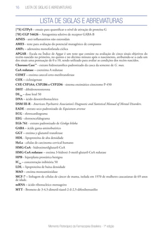 16
Memento Fitoterápico da Farmacopeia Brasileira - 1ª edição
[35
S]-GTPyS – ensaio para quantificar o nível de ativação de proteína G
[3
H]-CGP 54626 – Antagonista seletivo de receptor GABA-B
AINES - anti-inflamatórios não esteroidais
AMES - teste para avaliação do potencial mutagênico de compostos
AMPc – adenosina monofosfatada cíclica
APGAR - Escala ou Índice de Apgar é um teste que consiste na avaliação de cinco sinais objetivos do
recém-nascido no primeiro, no quinto e no décimo minuto após o nascimento, atribuindo-se a cada um
dos sinais uma pontuação de 0 a 10, sendo utilizado para avaliar as condições dos recém-nascidos.
Chorono Care™ - extrato hidroetanólico padronizado da casca da semente de G. max.
CoA redutase – coenzima A redutase
COMT – enzima catecol-orto-metiltransferase
COX – cicloxigenase
CYP, CYP3A4, CYP2B6 e CYP2D6 - sistema enzimático citocromo P-450
DHT - dihidrotestosterona
DL50
– dose letal 50
DNA – ácido desoxirribonucleico
DSM III-R - American Psychiatric Association’s Diagnostic and Statistical Manual of Mental Disorders.
EADE - extrato seco padronizado de Equisetum arvense
ECG - eletrocardiograma
EEG - eletroencefalograma
EGb 761 - extrato padronizado de Ginkgo biloba
GABA – ácido gama-aminobutirico
GGT – enzima y-glutamil transferase
HDL - lipoproteína de alta densidade
HeLa - células de carcinoma cervical humano
HMG-CoA - hidroximetilglutaril-CoA
HMG-CoA redutase – enzima 3-hidroxi-3-metil-glutaril-CoA redutase
HPB - hiperplasia prostática benigna
IC50
– concentração inibitória 50
LDL – lipoproteína de baixa densidade
MAO – enzima monoamioxidase
MCF-7 – linhagem de células de câncer de mama, isolada em 1970 de mulheres caucasianas de 69 anos
de idade.
mRNA – ácido ribonucleico mensageiro
MTT - Brometo de 3-4,5-dimetil-tiazol-2-il-2,5-difeniltetrazólio
LISTA DE SIGLAS E ABREVIATURAS
Lista de Siglas e abreviaturas
 