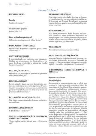 28
Memento Fitoterápico da Farmacopeia Brasileira - 1ª edição
Aloe vera (L.) Burm.f.
IDENTIFICAÇÃO
Família
Xanthorrhoeaceae.(1)
Nomenclatura popular
Babosa, aloe.(2,3,4)
Parte utilizada/órgão vegetal
Gel incolor mucilaginoso de folhas frescas.(4)
INDICAÇÕES TERAPÊUTICAS
Queimaduras de primeiro e segundo graus, e como
cicatrizante.(5,6)
CONTRAINDICAÇÕES
É contraindicado em pacientes com hipersensi-
bilidade aos componentes do fitoterápico e, em
casos de alergia conhecida às plantas da família
Xanthrrorhoeacea.(5)
PRECAUÇÕES DE USO
Orientar a não utilização do produto se apresentar
alteração da coloração.(5)
EFEITOS ADVERSOS
Foram relatados alguns casos de dermatite de con-
tato que podem estar associados à presença de cons-
tituintes antracênicos, comumente encontrados na
parte externa da folha que não deve ser utilizada nas
preparações farmacêuticas.(5)
INTERAÇÕES MEDICAMENTOSAS
Não foram encontrados dados descritos na literatu-
ra consultada.
FORMAS FARMACÊUTICAS
Gel hidrofílico e pomada.(5)
VIAS DE ADMINISTRAÇÃO E POSOLOGIA
(DOSE E INTERVALO)
Tópica. Aplicar na área afetada uma a três vezes ao
dia.(6)
TEMPO DE UTILIZAÇÃO
Não foram encontrados dados descritos na literatu-
ra consultada sobre o tempo máximo de utilização.
O tempo de uso depende da indicação terapêutica
e da evolução do quadro acompanhada pelo profis-
sional prescritor.
SUPERDOSAGEM
Não foram encontrados dados descritos na litera-
tura consultada sobre problemas decorrentes de
superdosagem. Em caso de administração de quan-
tidades acima das recomendadas, suspender o uso e
manter o paciente em observação.
PRESCRIÇÃO
Fitoterápico isento de prescrição médica.
PRINCIPAIS CLASSES QUÍMICAS
Mistura complexa de polissacarídeos (pectinas, he-
micelulose, glucomano, acemano e derivados de
manose). Contém também triterpenos (exemplo,
lupeol) e esteroides (campesterol e β-sitosterol).(5)
INFORMAÇÕES SOBRE SEGURANÇA E
EFICÁCIA
Ensaios não-clínicos
Farmacológicos
Em estudos in vivo concluiram que o gel de aloe
promove a cicatrização por estimulação direta de
macrófagos e fibroblastos. Essa atividade possivel-
mente é modulada por polissacarídeos, predomi-
nantemente constituído por manose. Um carboi-
drato complexo isolado de aloe acelerou a cicatriza-
ção e reduziu reações na pele induzidas por radia-
ção. O possível mecanismo dessa atividade envolve
primeiro a ativação de macrófagos, que estimulam a
liberação de citocinas fibrogênicas. Posteriormente,
pode haver ligação direta de fatores de crescimento
ao carboidrato, prolongando a estimulação do te-
cido de granulação. Os efeitos terapêuticos do gel
de aloe incluem prevenção da isquemia dérmica
progressiva causada por queimaduras; ulcerações
causadas pelo frio; queimadura elétrica e abu-
so de drogas por via intra-arterial. Em estudos in
vivo concluiram que o gel de aloe atua como ini-
bidor da síntese de tromboxano A2
, um mediador
do dano tecidual progressivo. O gel fresco de aloe
reduziu significativamente a inflamação aguda em
ratos, não sendo observado nenhum efeito sobre a
inflamação crônica. Possíveis mecanismos de ação
Aloe vera (L.) Burm.f.
 