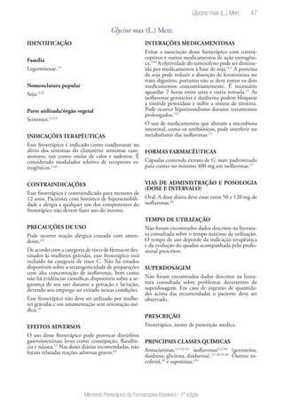 47
Memento Fitoterápico da Farmacopeia Brasileira - 1ª edição
Glycine max (L.) Merr.
IDENTIFICAÇÃO
Família
Leguminosae.(1)
Nomenclatura popular
Soja.(2,3)
Parte utilizada/órgão vegetal
Sementes.(2,4,5)
INDICAÇÕES TERAPÊUTICAS
Esse fitoterápico é indicado como coadjuvante no
alívio dos sintomas do climatério: sintomas vaso-
motores, tais como: ondas de calor e sudorese. É
considerado modulador seletivo de receptores es-
trogênicos.(2,6)
CONTRAINDICAÇÕES
Esse fitoterápico é contraindicado para menores de
12 anos. Pacientes com histórico de hipersensibili-
dade e alergia a qualquer um dos componentes do
fitoterápico não devem fazer uso do mesmo.
PRECAUÇÕES DE USO
Pode ocorrer reação alérgica cruzada com amen-
doim.(2)
De acordo com a categoria de risco de fármacos des-
tinados às mulheres grávidas, esse fitoterápico está
incluído na categoria de risco C. Não há estudos
disponíveis sobre a teratogenicidade de preparações
com alta concentração de isoflavonas, bem como
não há evidências científicas disponíveis sobre a se-
gurança de seu uso durante a gestação e lactação,
devendo seu emprego ser evitado nessas condições.
Esse fitoterápico não deve ser utilizado por mulhe-
res grávidas e em amamentação sem orientação mé-
dica.(2)
EFEITOS ADVERSOS
O uso desse fitoterápico pode provocar distúrbios
gastrointestinais leves como constipação, flatulên-
cia e náusea.(7)
Nas doses diárias recomendadas, não
foram relatadas reações adversas graves.(8)
INTERAÇÕES MEDICAMENTOSAS
Evitar a associação desse fitoterápico com contra-
ceptivos e outros medicamentos de ação estrogêni-
ca.(10)
A efetividade do tamoxifeno pode ser diminu-
ída por medicamentos à base de soja.(11)
A proteína
da soja pode reduzir a absorção de levotiroxina no
trato digestivo, portanto não se deve tomar os dois
medicamentos concomitantemente. É necessário
aguardar 2 horas entre uma e outra tomada.(7)
As
isoflavonas genisteína e daidzeína podem bloquear
a tireóide peroxidase e inibir a síntese de tiroxina.
Pode ocorrer hipotireoidismo durante tratamentos
prolongados.(12)
O uso de medicamentos que alteram a microbiota
intestinal, como os antibióticos, pode interferir no
metabolismo das isoflavonas.(7)
FORMAS FARMACÊUTICAS
Cápsulas contendo extrato de G. max: padronizado
para conter no mínimo 400 mg em isoflavonas.(2)
VIAS DE ADMINISTRAÇÃO E POSOLOGIA
(DOSE E INTERVALO)
Oral. A dose diária deve estar entre 50 e 120 mg de
isoflavonas.(6)
TEMPO DE UTILIZAÇÃO
Não foram encontrados dados descritos na literatu-
ra consultada sobre o tempo máximo de utilização.
O tempo de uso depende da indicação terapêutica
e da evolução do quadro acompanhada pelo profis-
sional prescritor.
SUPERDOSAGEM
Não foram encontrados dados descritos na litera-
tura consultada sobre problemas decorrentes de
superdosagem. Em caso de ingestão de quantida-
des acima das recomendadas o paciente deve ser
observado.
PRESCRIÇÃO
Fitoterápico, isento de prescrição medica.
PRINCIPAIS CLASSES QUÍMICAS
Antocianinas,(13,14,15)
isoflavonas(2,4,16)
(genisteína,
daidzina, glicitina, daidzeina).(17,18,19,20)
Outros: to-
coferol,(4)
e saponinas.(21)
Glycine max (L.) Merr.
 