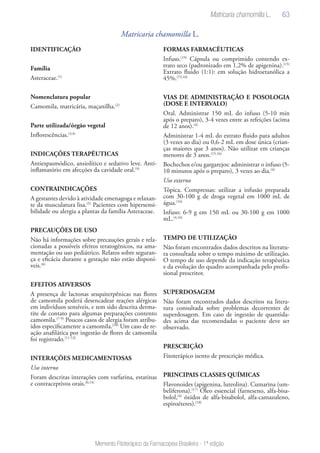 63
Memento Fitoterápico da Farmacopeia Brasileira - 1ª edição
Matricaria chamomilla L.
IDENTIFICAÇÃO
Família
Asteraceae.(1)
Nomenclatura popular
Camomila, matricária, maçanilha.(2)
Parte utilizada/órgão vegetal
Inflorescências.(3,4)
INDICAÇÕES TERAPÊUTICAS
Antiespasmódico, ansiolítico e sedativo leve. Anti-
inflamatório em afecções da cavidade oral.(4)
CONTRAINDICAÇÕES
A gestantes devido à atividade emenagoga e relaxan-
te da musculatura lisa.(5)
Pacientes com hipersensi-
bilidade ou alergia a plantas da família Asteraceae.
PRECAUÇÕES DE USO
Não há informações sobre precauções gerais e rela-
cionadas a possíveis efeitos teratogênicos, na ama-
mentação ou uso pediátrico. Relatos sobre seguran-
ça e eficácia durante a gestação não estão disponí-
veis.(6)
EFEITOS ADVERSOS
A presença de lactonas sesquiterpênicas nas flores
de camomila poderá desencadear reações alérgicas
em indivíduos sensíveis, e tem sido descrita derma-
tite de contato para algumas preparações contento
camomila.(7-9)
Poucos casos de alergia foram atribu-
ídos especificamente a camomila.(10)
Um caso de re-
ação anafilática por ingestão de flores de camomila
foi registrado.(11-13)
INTERAÇÕES MEDICAMENTOSAS
Uso interno
Foram descritas interações com varfarina, estatinas
e contraceptivos orais.(6,14)
FORMAS FARMACÊUTICAS
Infuso.(19)
Cápsula ou comprimido contendo ex-
trato seco (padronizado em 1,2% de apigenina).(15)
Extrato fluido (1:1): em solução hidroetanólica a
45%.(15,16)
VIAS DE ADMINISTRAÇÃO E POSOLOGIA
(DOSE E INTERVALO)
Oral. Administrar 150 mL do infuso (5-10 min
após o preparo), 3-4 vezes entre as refeições (acima
de 12 anos).(4)
Administrar 1-4 mL do extrato fluido para adultos
(3 vezes ao dia) ou 0,6-2 mL em dose única (crian-
ças maiores que 3 anos). Não utilizar em crianças
menores de 3 anos.(15,16)
Bochechos e/ou gargarejos: administrar o infuso (5-
10 minutos após o preparo), 3 vezes ao dia.(4)
Uso externo
Tópica. Compressas: utilizar a infusão preparada
com 30-100 g de droga vegetal em 1000 mL de
água.(16)
Infuso: 6-9 g em 150 mL ou 30-100 g em 1000
mL.(4,16)
TEMPO DE UTILIZAÇÃO
Não foram encontrados dados descritos na literatu-
ra consultada sobre o tempo máximo de utilização.
O tempo de uso depende da indicação terapêutica
e da evolução do quadro acompanhada pelo profis-
sional prescritor.
SUPERDOSAGEM
Não foram encontrados dados descritos na litera-
tura consultada sobre problemas decorrentes de
superdosagem. Em caso de ingestão de quantida-
des acima das recomendadas o paciente deve ser
observado.
PRESCRIÇÃO
Fitoterápico isento de prescrição médica.
PRINCIPAIS CLASSES QUÍMICAS
Flavonoides (apigenina, luteolina). Cumarina (um-
beliferona).(17)
Óleo essencial (farneseno, alfa-bisa-
bolol,(4)
óxidos de alfa-bisabolol, alfa-camazuleno,
espiroéteres).(18)
Matricaria chamomilla L.
 
