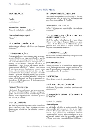 78
Memento Fitoterápico da Farmacopeia Brasileira - 1ª edição
Peumus boldus Molina
IDENTIFICAÇÃO
Família
Monimiaceae.(1)
Nomenclatura popular
Boldo-do-chile, boldo-verdadeiro.(2,3)
Parte utilizada/órgão vegetal
Folhas.(2,3,4)
INDICAÇÕES TERAPÊUTICAS
Indicado como colagogo, colerético e nas dispepsias
funcionais.(3)
CONTRAINDICAÇÕES
Contraindicado para menores de 6 anos se pacien-
tes com histórico de hipersensibilidade e alergia
a qualquer um dos componentes do fitoterápico.
(5)
Contraindicado nos casos de obstrução das vias
biliares, cálculos biliares, infecções ou câncer de
ducto biliar e câncer de pâncreas, devido aos efei-
tos colagogo e colerético.(6)
Pacientes com quadro
de afecções severas no fígado, como hepatite viral,
cirrose e hepatite tóxica não deverão fazer uso des-
se fitoterápico.(6)
Esse produto não deve ser usado
durante a gravidez, devido a presença do alcaloide
esparteína, que tem atividade ocitóxica.(7)
Mulheres
em período de lactância não deverão fazer uso desse
fitoterápico, devido à presença de alcaloides e risco
de neurotoxicidade.(5)
PRECAUÇÕES DE USO
Não ingerir doses maiores do que as recomenda-
das. O uso desse fitoterápico não deve ultrapassar
quatro semanas consecutivas. Esse fitoterápico não
deve ser utilizado por lactantes e mulheres grávidas
sem orientação médica.(4)
EFEITOS ADVERSOS
Nas doses recomendadas não são conhecidos efeitos
adversos ao fitoterápico. Doses acima das recomen-
dadas causam irritação nas vias urinárias, vômitos e
diarreia.(4)
INTERAÇÕES MEDICAMENTOSAS
Não foram encontrados dados descritos na literatu-
ra consultada sobre as interações medicamentosas
com fitoterápicos à base de P. boldus.
FORMAS FARMACÊUTICAS
Infuso.(2)
Cápsulas ou comprimidos contendo ex-
trato seco.(4)
VIAS DE ADMINISTRAÇÃO E POSOLOGIA
(DOSE E INTERVALO)
Oral. Uso adulto e infantil acima de 12 anos. Infuso
obtido com 1 a 2g da droga em 150 mL de água.
Tomar 150 mL do infuso, 10 a 15 minutos após o
preparo, duas vezes ao dia.(2)
Extrato seco,50-100
mg/dose, duas a três vezes ao dia.(9)
TEMPO DE UTILIZAÇÃO
O uso desse fitoterápico não deve ultrapassar qua-
tro semanas consecutivas.
SUPERDOSAGEM
Doses superiores às recomendadas poderão pro-
vocar distúrbios urinários, vômitos e diarreia. Em
caso de superdosagem, suspender o uso e procurar
orientação médica de imediato.
PRESCRIÇÃO
Fitoterápico, isento de prescrição médica.
PRINCIPAIS CLASSES QUÍMICAS
Alcaloides, flavonoides, cumarina, sesquiterpenoi-
des e taninos.(3)
INFORMAÇÕES SOBRE SEGURANÇA E
EFICÁCIA
Ensaios não-clínicos
Farmacológicos
As atividades colerética e antiespasmódica foram
demonstradas por estudos in vitro e em órgãos
isolados. Em estudos não-clínicos em ratos verifi-
cou-se a ação colerética do fitoterápico contendo
Peumus boldus, medida pelo aumento da secreção
de bile pela vesícula biliar. Os preparados contendo
P. boldus aumentam a secreção biliar e fluidificam a
Peumus boldus Molina
 