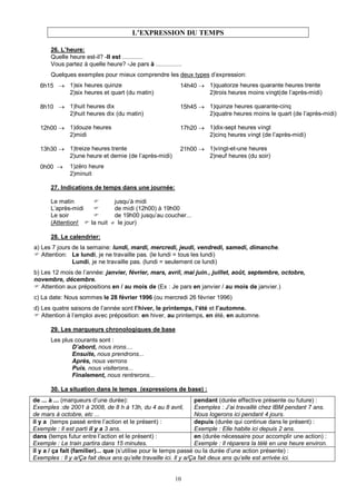 10
L’EXPRESSION DU TEMPS
26. L’heure:
Quelle heure est-il? -Il est ............
Vous partez à quelle heure? -Je pars à ...............
Quelques exemples pour mieux comprendre les deux types d’expression:
6h15 → 1)six heures quinze 14h40 → 1)quatorze heures quarante heures trente
2)six heures et quart (du matin) 2)trois heures moins vingt(de l’après-midi)
8h10 → 1)huit heures dix 15h45 → 1)quinze heures quarante-cinq
2)huit heures dix (du matin) 2)quatre heures moins le quart (de l’après-midi)
12h00 → 1)douze heures 17h20 → 1)dix-sept heures vingt
2)midi 2)cinq heures vingt (de l’après-midi)
13h30 → 1)treize heures trente 21h00 → 1)vingt-et-une heures
2)une heure et demie (de l’après-midi) 2)neuf heures (du soir)
0h00 → 1)zéro heure
2)minuit
27. Indications de temps dans une journée:
Le matin jusqu’à midi
L’après-midi de midi (12h00) à 19h00
Le soir de 19h00 jusqu’au coucher...
(Attention! la nuit ≠ le jour)
28. Le calendrier:
a) Les 7 jours de la semaine: lundi, mardi, mercredi, jeudi, vendredi, samedi, dimanche.
Attention: Le lundi, je ne travaille pas. (le lundi = tous les lundi)
Lundi, je ne travaille pas. (lundi = seulement ce lundi)
b) Les 12 mois de l’année: janvier, février, mars, avril, mai juin., juillet, août, septembre, octobre,
novembre, décembre.
Attention aux prépositions en / au mois de (Ex : Je pars en janvier / au mois de janvier.)
c) La date: Nous sommes le 28 février 1996 (ou mercredi 26 février 1996)
d) Les quatre saisons de l’année sont l’hiver, le printemps, l’été et l’automne.
Attention à l’emploi avec préposition: en hiver, au printemps, en été, en automne.
29. Les marqueurs chronologiques de base
Les plus courants sont :
D’abord, nous irons....
Ensuite, nous prendrons...
Après, nous verrons
Puis, nous visiterons...
Finalement, nous rentrerons...
30. La situation dans le temps (expressions de base) :
de ... à ... (marqueurs d’une durée):
Exemples :de 2001 à 2008, de 8 h à 13h, du 4 au 8 avril,
de mars à octobre, etc ...
pendant (durée effective présente ou future) :
Exemples : J’ai travaillé chez IBM pendant 7 ans.
Nous logerons ici pendant 4 jours.
il y a (temps passé entre l’action et le présent) :
Exemple : Il est parti il y a 3 ans.
depuis (durée qui continue dans le présent) :
Exemple : Elle habite ici depuis 2 ans.
dans (temps futur entre l’action et le présent) :
Exemple : Le train partira dans 15 minutes.
en (durée nécessaire pour accomplir une action) :
Exemple : Il réparera la télé en une heure environ.
il y a / ça fait (familier)... que (s’utilise pour le temps passé ou la durée d’une action présente) :
Exemples : Il y a/Ça fait deux ans qu’elle travaille ici. Il y a/Ça fait deux ans qu’elle est arrivée ici.
 