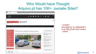 @ibnesayeed
Who Would have Thought
Arquivo.pt has 10K+ .онлайн Sites?
18
“.онлайн”
(encoded as “xn--80asehdb”)
is an IDN gTLD which means
“.online”
 