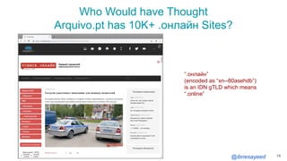 @ibnesayeed
Who Would have Thought
Arquivo.pt has 10K+ .онлайн Sites?
18
“.онлайн”
(encoded as “xn--80asehdb”)
is an IDN g...