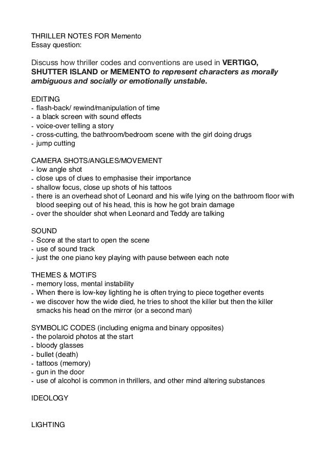 English Composition Essay Examples Thriller Notes For Memento Essay Question Discuss How Thriller Codes And Conventions Are Used In Essay Of Newspaper also Persuasive Essay Sample Paper Memento Notes Pages Essays On Science Fiction