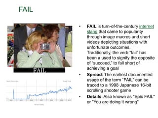 Spread: The act of placing text on a humorous photo of a cat has its pop culture roots in the famous “Hang in there, baby” poster from the 1970’s, which spawned a series of imitators itself.FAILFAIL is turn-of-the-century internet slang that came to popularity through image macros and short videos depicting situations with unfortunate outcomes. Traditionally, the verb “fail” has been a used to signify the opposite of “succeed,” to fall short of achieving a goal