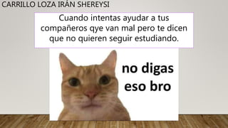 CARRILLO LOZA IRÁN SHEREYSI
Cuando intentas ayudar a tus
compañeros qye van mal pero te dicen
que no quieren seguir estudiando.
 